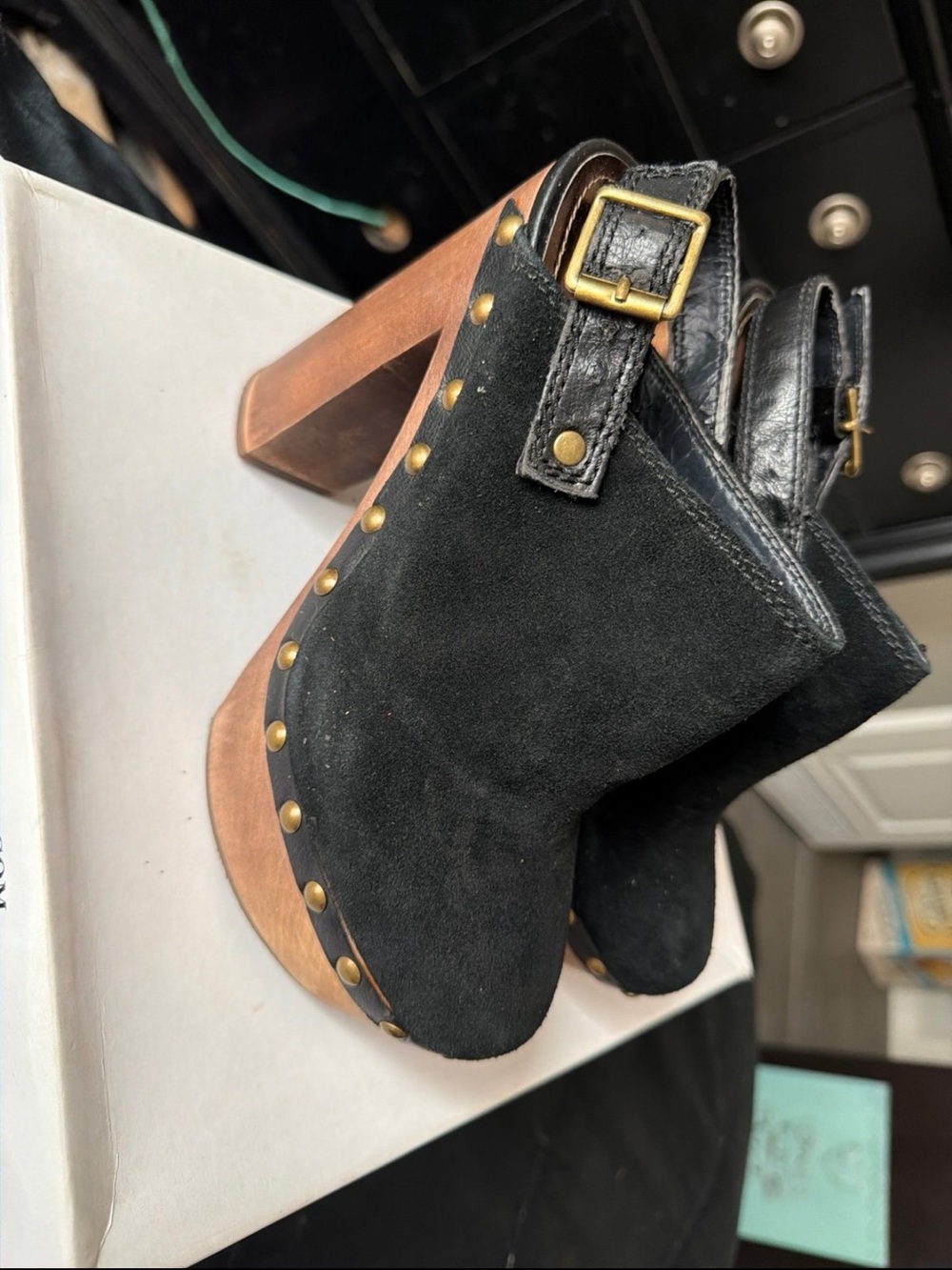 Women’s Black Suede Studded Platform Clog Heels